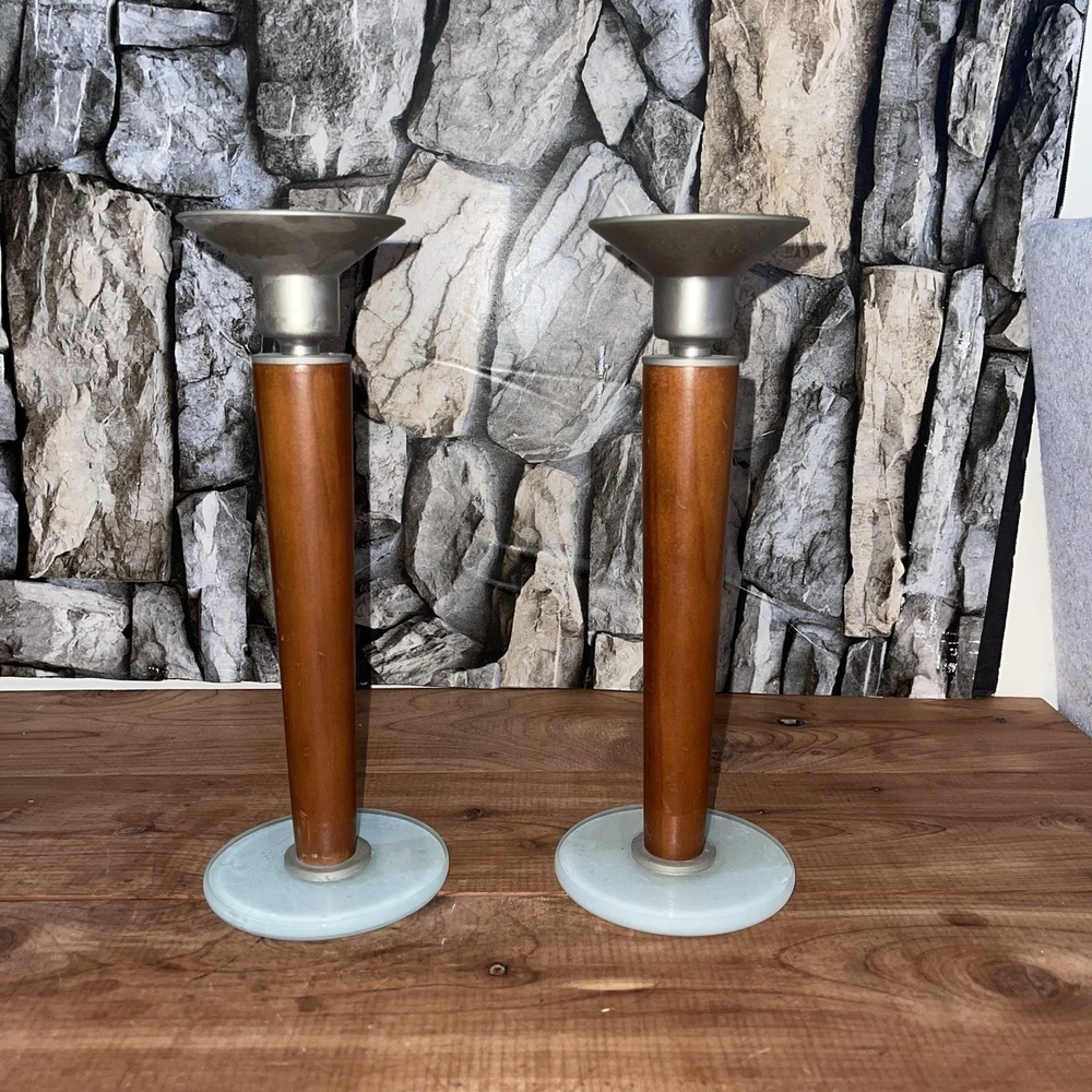 MCM Teak Aluminum Frosted Glass Taper Candlestick Danish Style Taiwan VTG